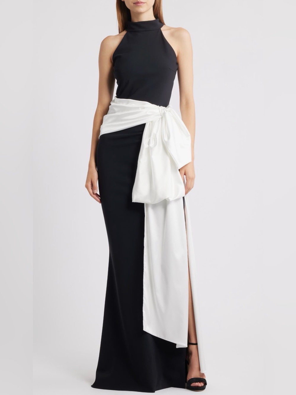 Chiara Boni Sarity Bow Black Maxi with White Draped Sash Sleeveless Gown